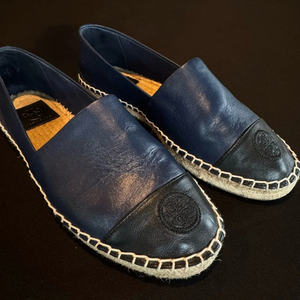 Tory Burch Colorblock Espadrille Flats Leather Navy Black Cap Toe Size 8 - Picture 5 of 9